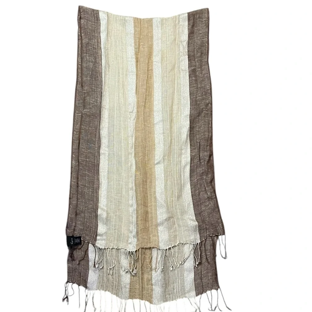 CEJON linen blend metallic striped scarf with fringe